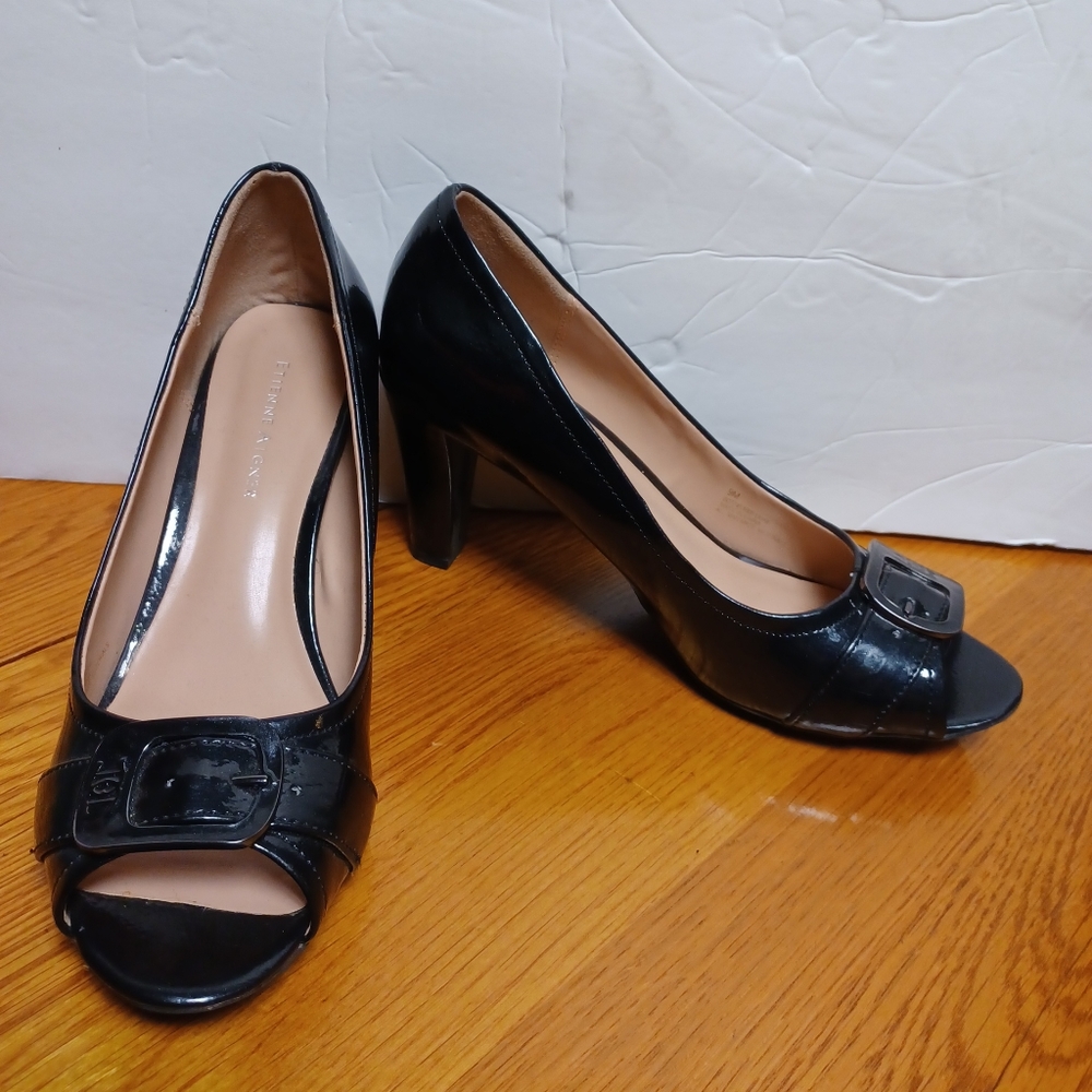Etienne Aigner black leather slip on heeled shoes decorative buckle size 9M